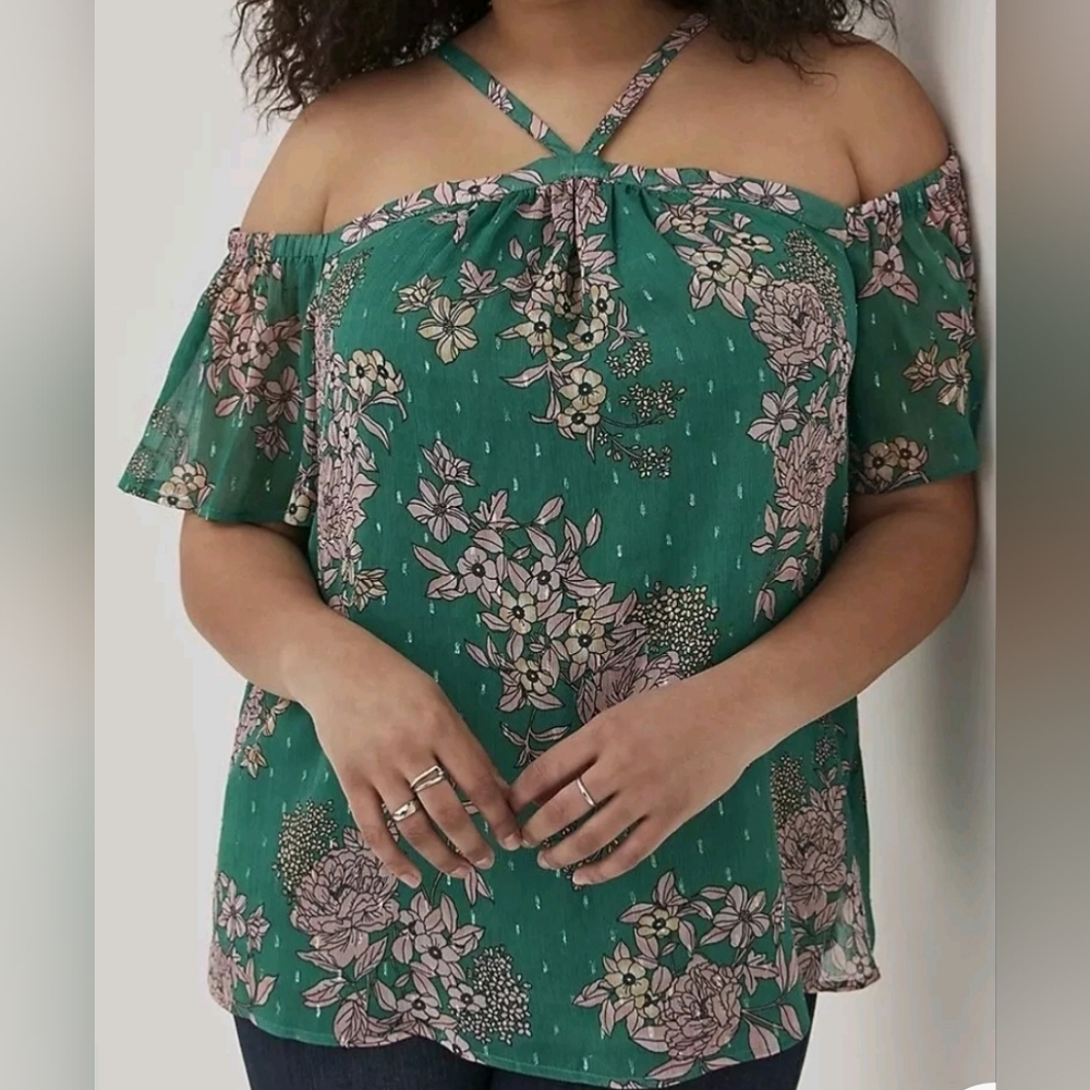 Torrid 2 Floral Green Cold Shoulder Sheer Blouse Top
